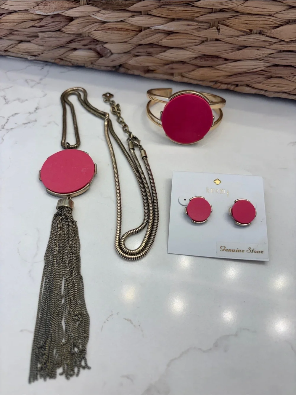 Landry Gold-Tone Pink Stone Jewelry Set - Necklace, Bracelet & Stud Earrings